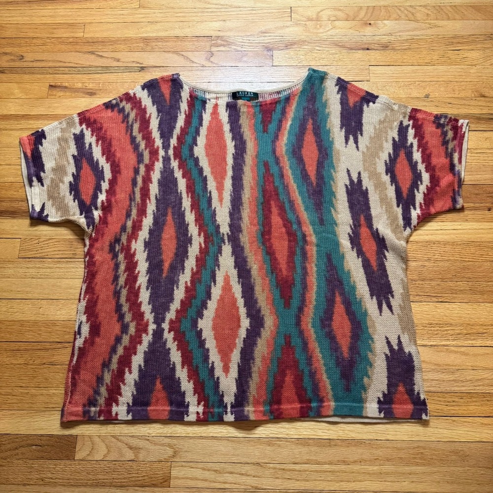 Lauren Ralph Lauren Women 2X Linen Cotton Ikat Knit Top Southwestern Purple Teal